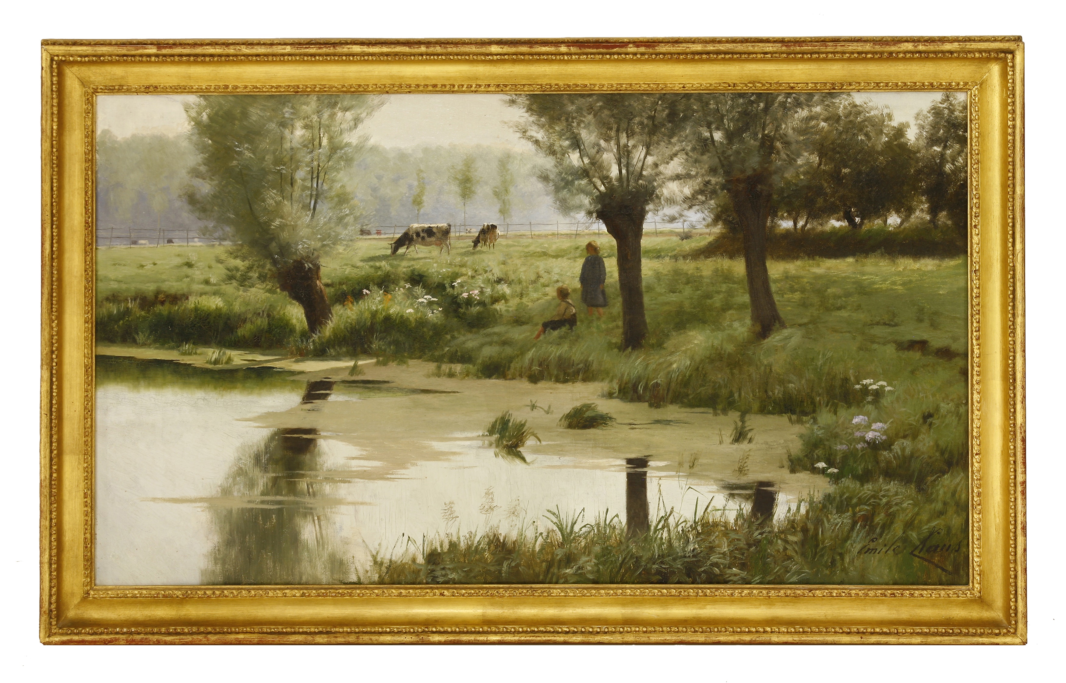Emile Claus (Belgian, 1849-1924) A PASTORAL SCENE WITH CHILDREN AND CATTLE BY A POND